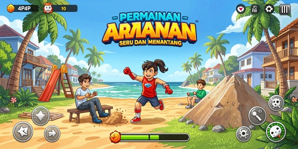 Screenshot utama 4P4P menampilkan momen aksi seru dalam gameplay Arcade.