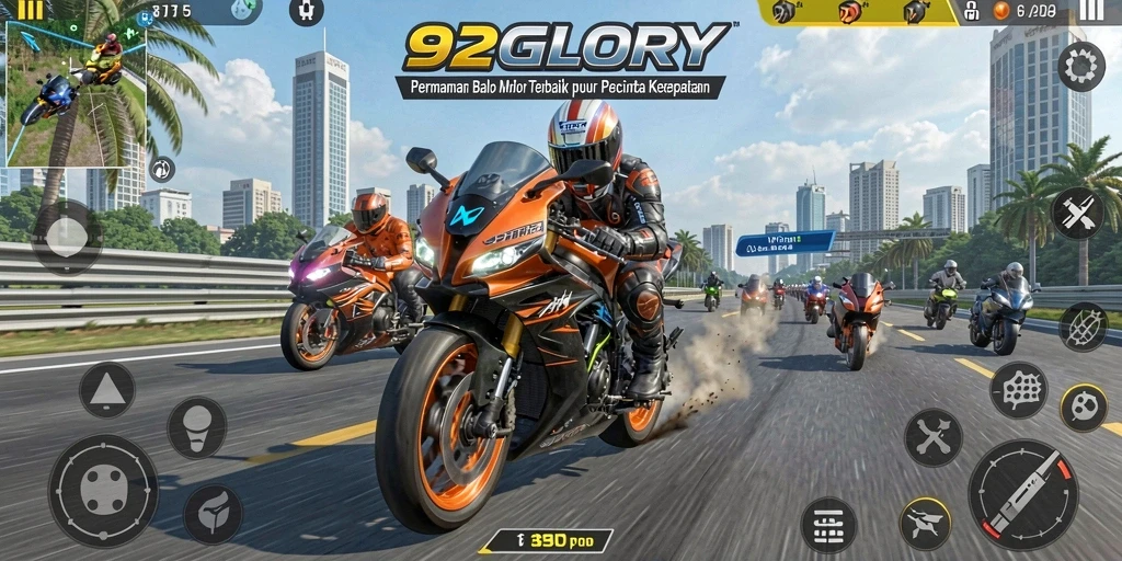 Tampilan gameplay 92GLORY dengan balapan motor yang mendebarkan.