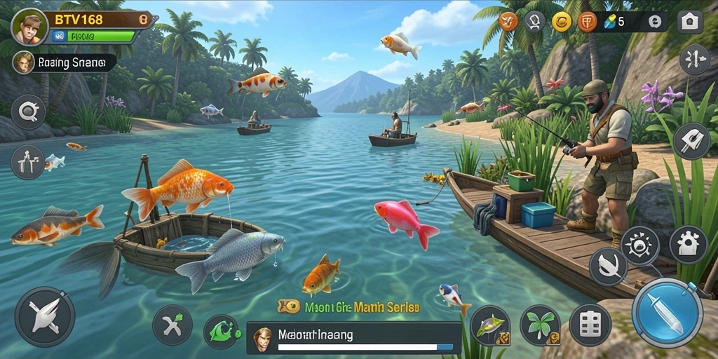 Screenshot gameplay BTV168 menampilkan keseruan memancing di berbagai lokasi.