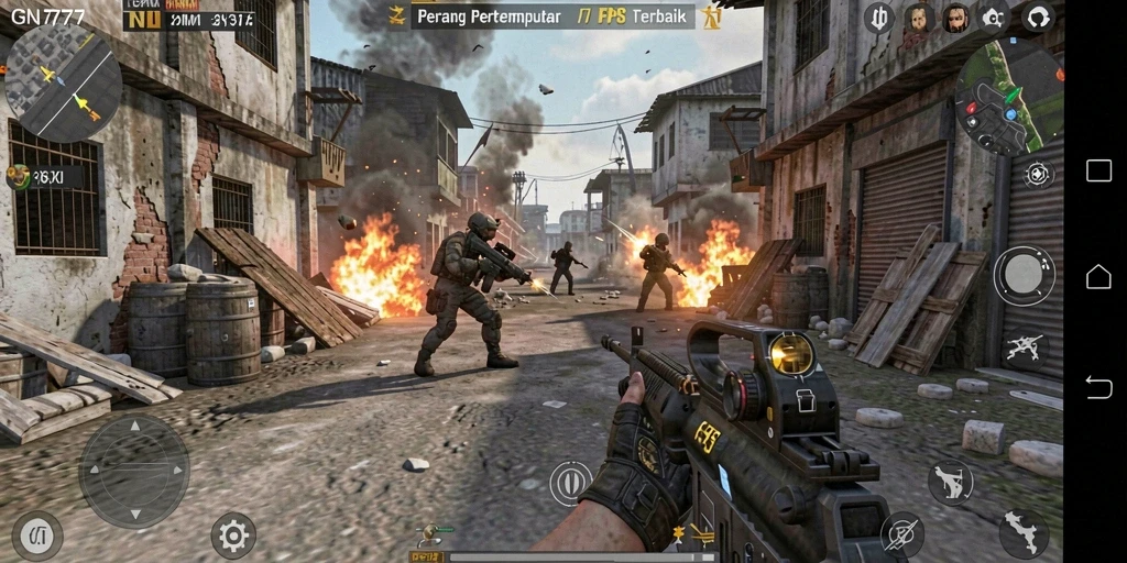 Screenshot utama GN777 menampilkan pertempuran mendebarkan di lingkungan yang detail.