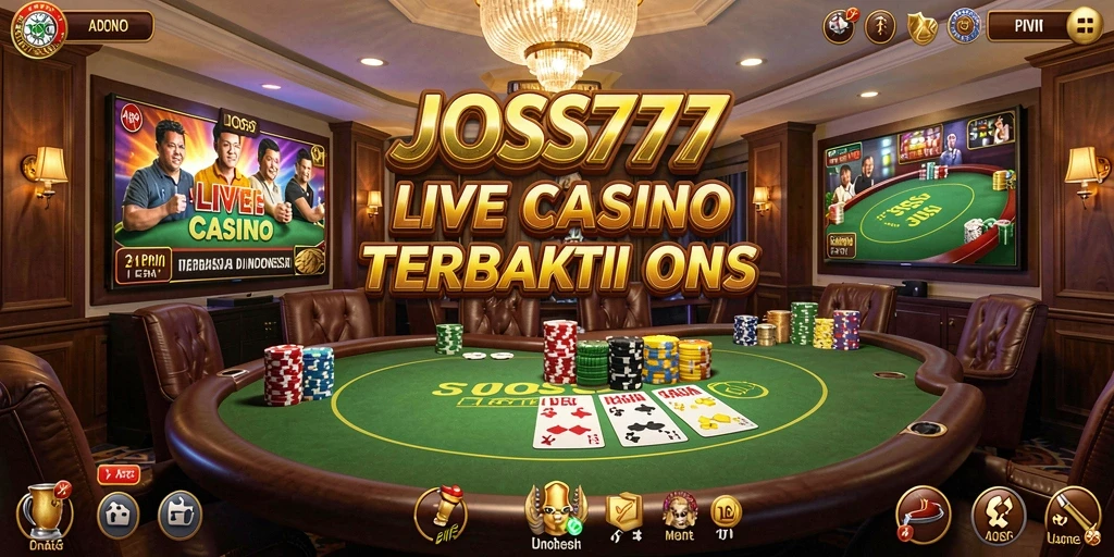 Screenshot gameplay <strong>JOSS777</strong> menunjukkan dealer langsung dan suasana kasino yang menegangkan.