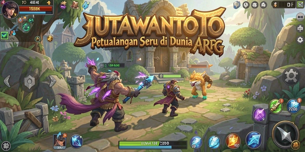 Tangkapan layar gameplay menampilkan aksi seru di <strong>JUTAWANTOTO</strong> dengan karakter bertarung melawan monster.