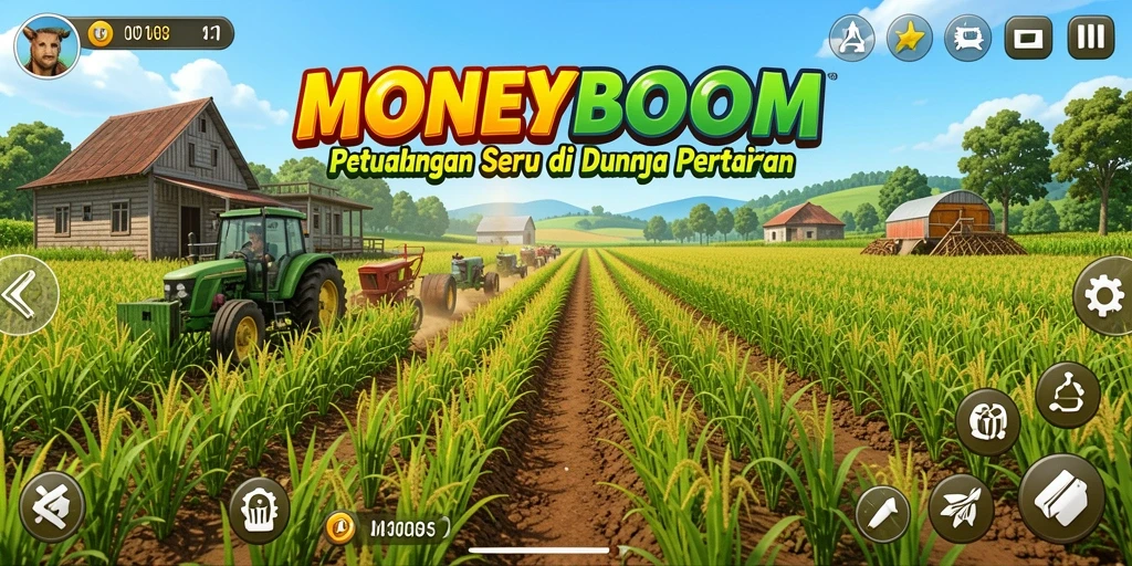 Screenshot gameplay MONEYBOOM menampilkan ladang pertanian yang subur dan kegiatan panen.