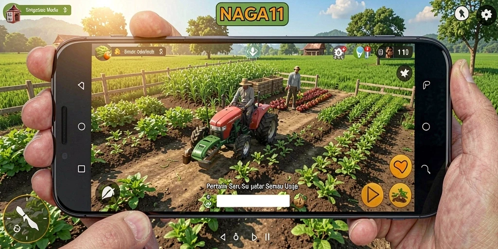 Tampilan gameplay NAGA11 yang penuh warna dan menarik saat bertani.