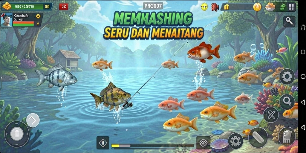 Screenshot PRG007 menampilkan aksi memancing di danau yang indah.