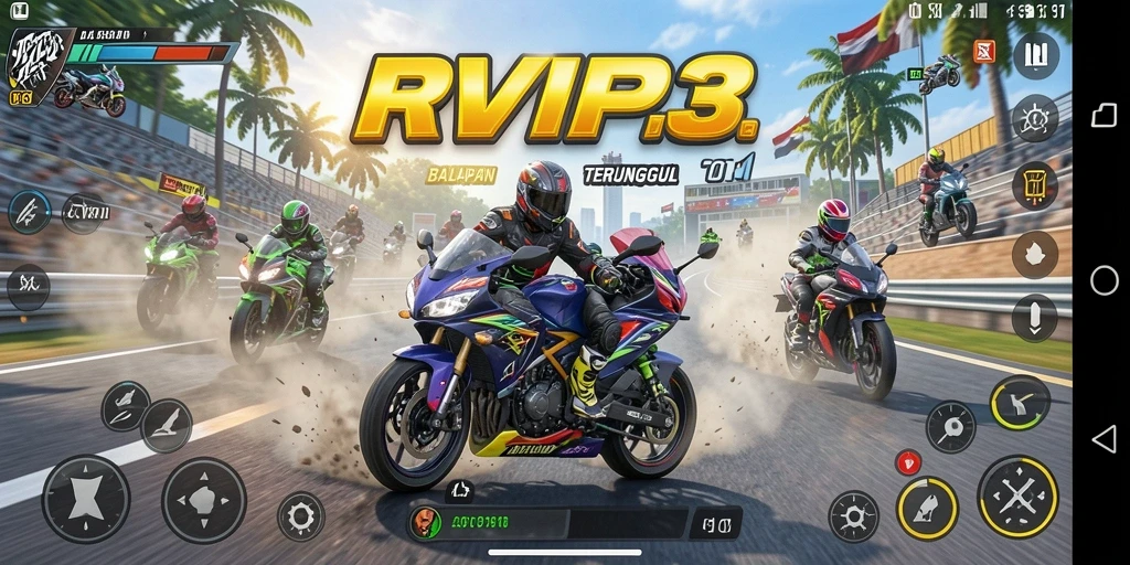 Screenshot gameplay RVIP3 menampilkan akselerasi motor balap yang dramatis.