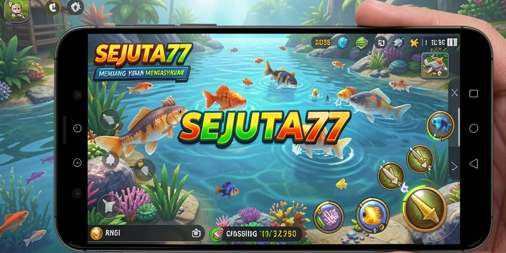 Gameplay seru SEJUTA77 saat menangkap ikan di lautan yang indah.