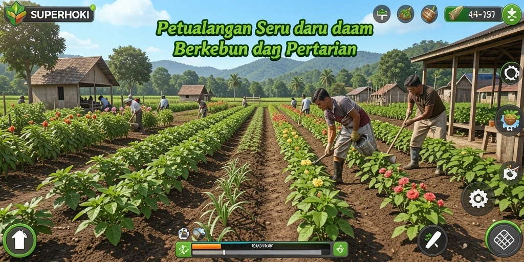 Tampilan screenshot SUPERHOKI menampilkan kebun yang rimbun dan aktivitas bercocok tanam yang seru.